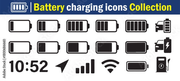Fototapeta Battery Charging Icons Collection. battery charging symbol, battery charge level vector illustration 