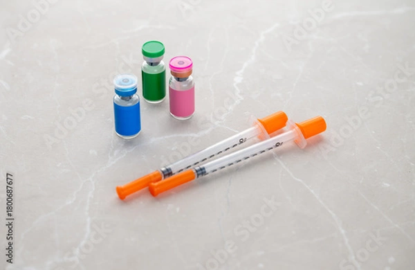 Fototapeta Single Use Syringes Next to Small Glass Vials