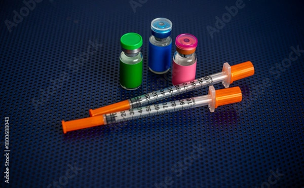 Obraz Single Use Syringes Next to Small Glass Vials
