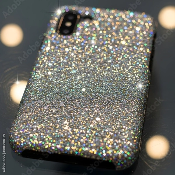 Obraz A close-up of a smartphone covered in sparkling glitter with a blurred background of lights, showcasing a luxurious and glamorous accessory design