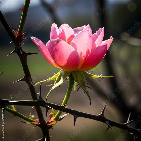 Obraz Close-up of a delicate pink rose flower blooming on a thorny branch with a blurred natural background