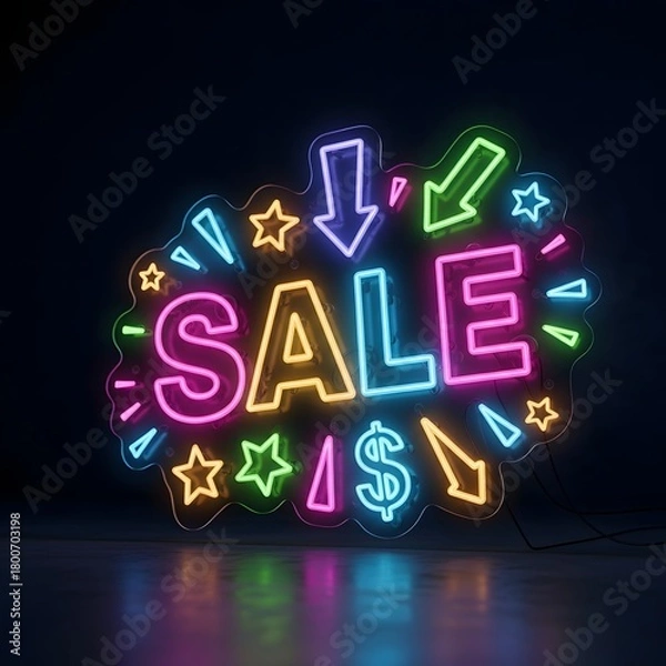 Obraz Colorful neon sign displaying the word 'SALE' surrounded by arrows and stars, creating an eye-catching advertisement for discounts and promotions