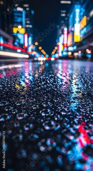 Obraz A vibrant city street scene at night with colorful neon lights reflecting on a wet pavement creating a lively urban atmosphere