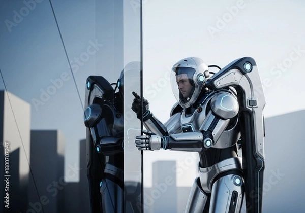 Fototapeta Futuristic Worker in Powered Exosuit Touching Large Glass Panel on Modern Building
