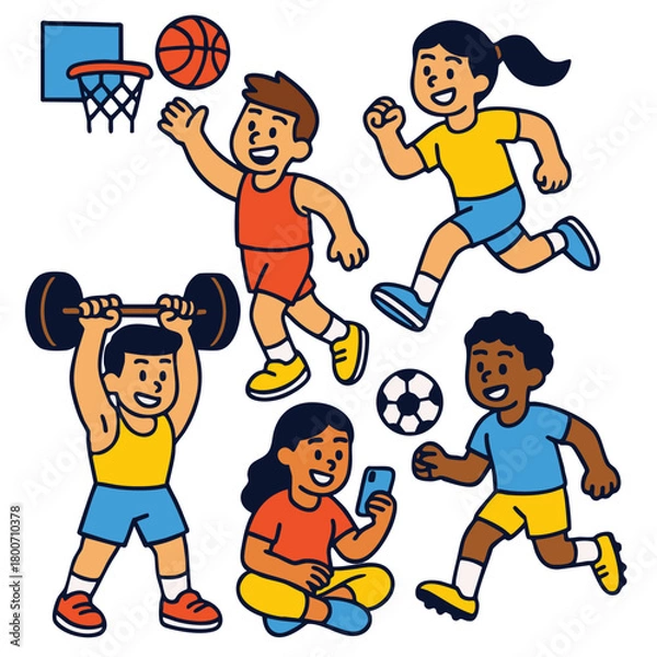 Fototapeta Children playing basketball, running, lifting weights, using smartphone, and playing soccer