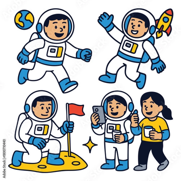 Fototapeta Astronaut space cartoon happy flag rocket earth selfie teamwork exploration