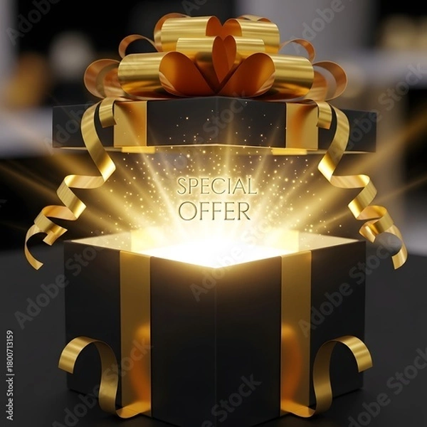 Obraz A luxurious black gift box with a golden ribbon and bow, emitting a glowing light with the words 'Special Offer' inside, creating an elegant and festive atmosphere for celebration or promotion