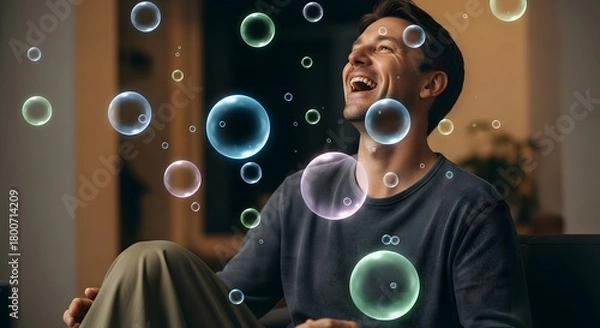 Obraz A joyful young man enjoying a moment of happiness surrounded by colorful floating bubbles indoors