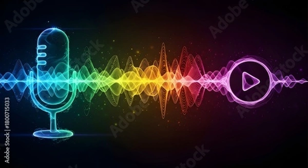 Obraz A vibrant digital illustration featuring a microphone and colorful sound waves leading to a play button symbolizing audio and music streaming technology
