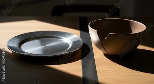 Obraz A minimalist still life image featuring a metallic plate and a ceramic bowl placed on a wooden surface with natural sunlight casting shadows