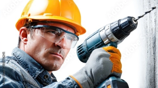 Fototapeta Construction Worker at Work: An industrious construction worker, meticulously focused, drills a hole with precision, embodying diligence and expertise.