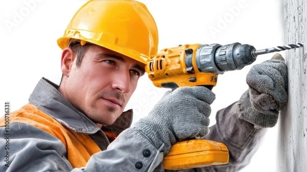 Fototapeta Construction Worker at Work: A construction worker in a yellow safety helmet intently focuses on the task, drilling into a wall with precision and expertise, a testament to skill and dedication.
