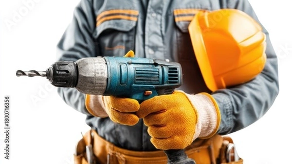 Fototapeta Craftsman at Work: A construction worker, equipped with a drill and a helmet, embodies the essence of skillful craftsmanship and dedication, ready to bring designs to life.