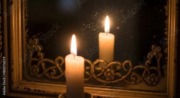 Obraz Two lit candles placed in front of a reflective mirror creating a warm and peaceful ambiance during a quiet evening