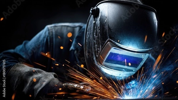 Fototapeta Welder at Work: A skilled welder, shielded by a protective helmet, diligently works on a metal project, sparks flying with each weld. Showcasing precision and industrial craftsmanship.