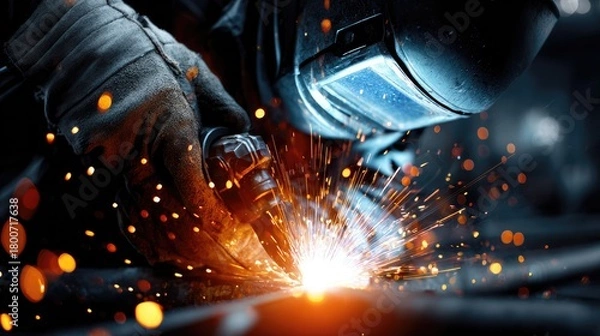 Fototapeta Welder at Work: A skilled welder, protected by a helmet and gloves, meticulously fuses metal, sparks illuminating the intense work environment.