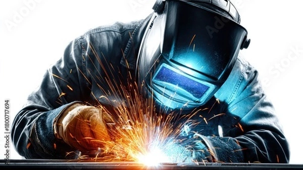 Fototapeta The Art of Metal Fusion: A skilled welder, protected by a safety mask, meticulously works on a metal project, sparks flying. A display of precision craftsmanship.