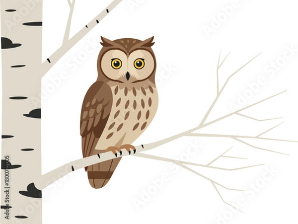 Fototapeta Illustration of Brown Owl Sitting on White Tree Branch in Minimalist Style