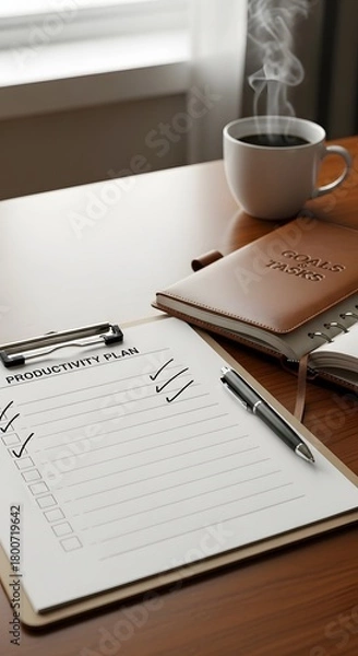 Obraz A workspace scene featuring a steaming cup of coffee, a productivity planner, and pens on a wooden table near a window with natural light