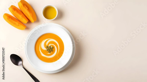 Fototapeta An overhead shot of creamy pumpkin soup with decorative swirl, accompanied by fresh pumpkin slices and olive oil