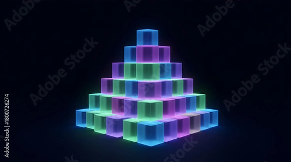 Fototapeta A pyramid of glowing cubes in shades of pink, blue, and green stands against a black backdrop, creating a mesmerizing and futuristic visual display