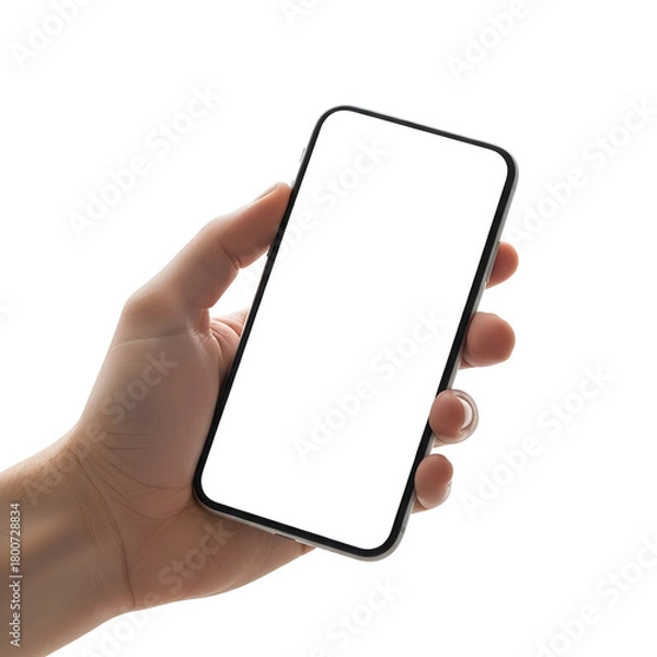 Fototapeta A person's hand holding a modern smartphone with a blank white screen, isolated on a white background.