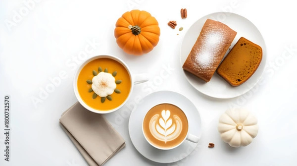 Fototapeta Overhead shot of pumpkin soup, pumpkin bread, and latte, showcasing autumn flavors and cozy vibes for a seasonal treat