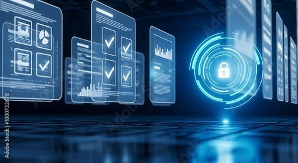 Fototapeta Futuristic digital interface displays data and security protocols with glowing holographic padlock icon symbolizing cybersecurity and advanced technology