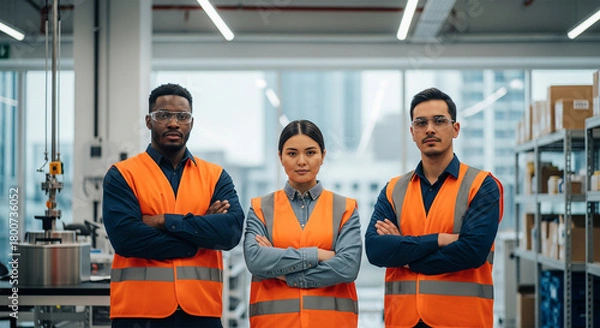 Obraz Diverse team of three factory workers wearing orange safety vests and protective eyewear in modern facility