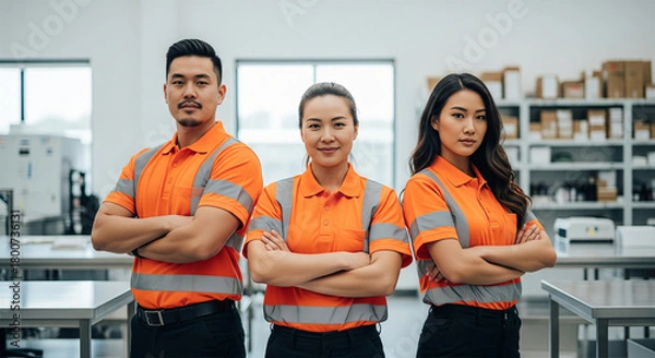 Fototapeta Three Asian warehouse workers in orange high visibility polo shirts with reflective stripes standing confidently