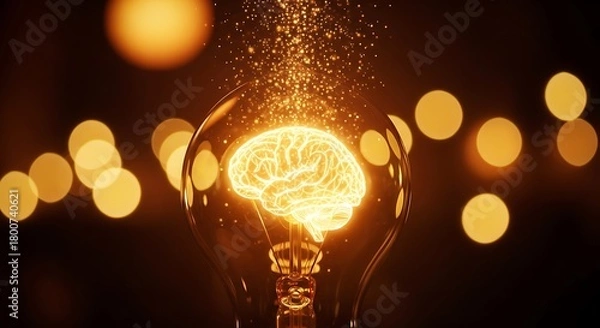 Fototapeta Illuminated brain within a glowing light bulb symbolizing innovation and the spark of new ideas