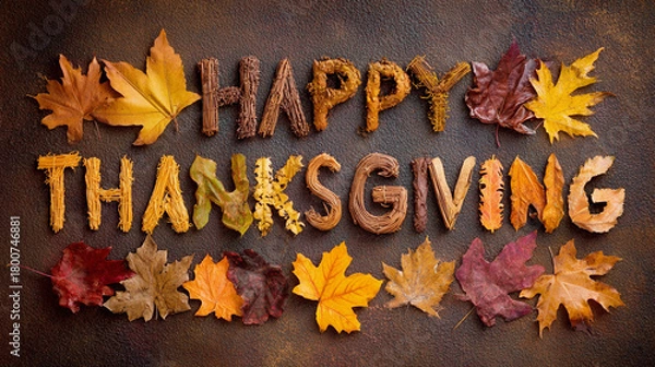 Fototapeta Happy Thanksgiving lettering made from autumn branches and leaves on a dark background. Rustic fall design, warm holiday greeting, seasonal nature theme