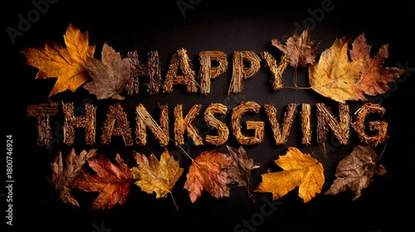 Fototapeta Happy Thanksgiving lettering made from autumn branches and leaves on a dark background. Rustic fall design, warm holiday greeting, seasonal nature theme