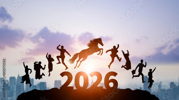 Obraz 2026年へジャンプする馬と人々　2026年午年新年イメージ　ビジネス向け年賀状素材