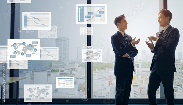 Obraz 会議するビジネスパーソンのグループとビジネスデータのコンセプト