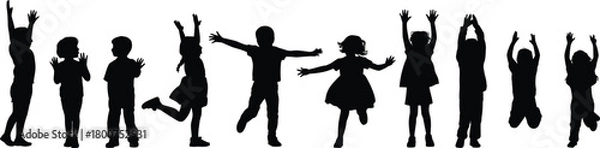 Obraz Silhouette children jumping, dancing, running, playful kids in motion, energetic youth, happy childhood, black vector, isolated white background