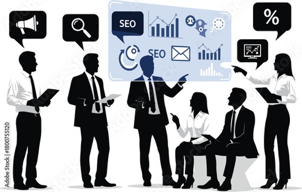 Obraz Silhouette business team discussing SEO strategy, digital marketing analytics, teamwork presentation, online growth, data analysis, corporate planning, optimization tools