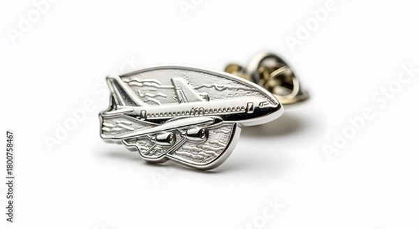 Fototapeta Silver Airplane Pin Badge on White Background