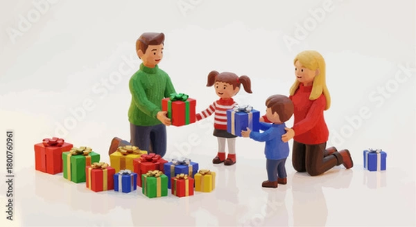 Fototapeta A joyous 3D illustration of a family celebrating, exchanging colorful presents, and surrounded by a pile of gifts, embodying the spirit of giving and togetherness