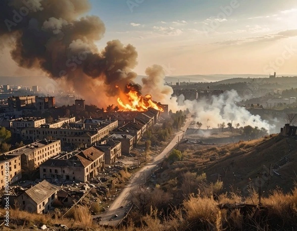 Obraz 無茶苦茶に壊れたヨーロッパの街と火災