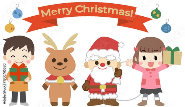 Obraz クリスマスプレゼントと子供たちとサンタクロースのイラスト