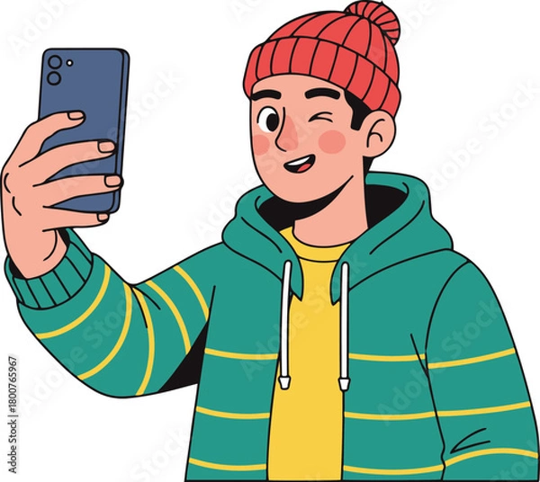 Obraz A cartoon illustration of a young person in a green hoodie and red beanie taking a selfie with a smartphone, winking at the camera.