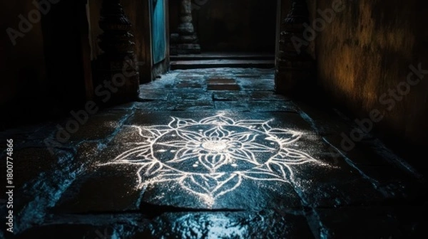 Obraz Intricate Kolam pattern, drawn with rice flour that glows with a soft, ethereal light on a dark, wet stone floor, threshold of a home