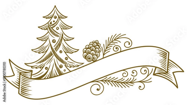 Fototapeta Christmas tree and pine cone on a banner with decorative elements in a vintage style illustration