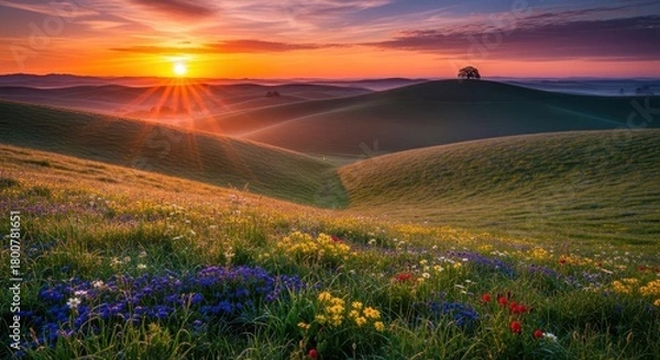 Obraz Sunset Over Rolling Hills and Flower Field