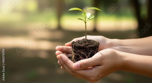 Obraz Hands Holding Seedling Over Soft Background