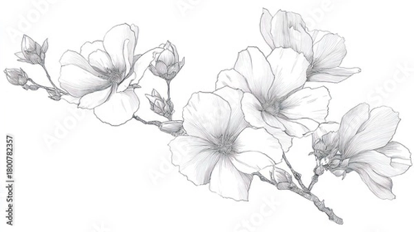 Fototapeta A detailed black and white illustration of a magnolia branch with flowers and buds, set against a white background with a soft shadow effect.
