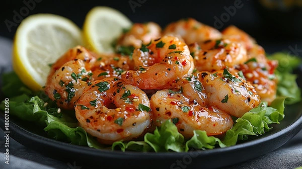 Fototapeta Spicy Garlic Shrimp with Lemon on Lettuce