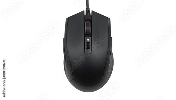 Obraz Sleek, matte black gaming mouse centered on dark background, top-down view, with scroll wheel illumination visible