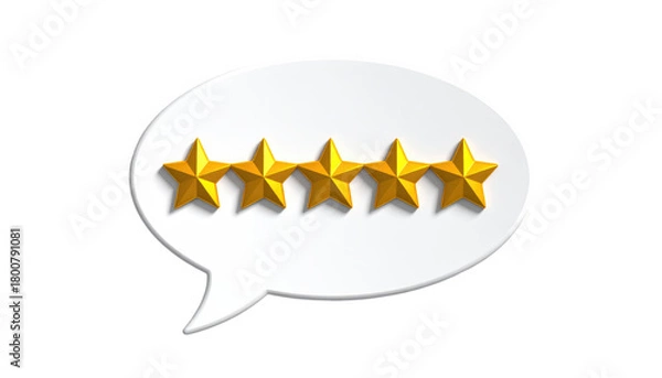 Obraz Five golden stars displayed within a white speech bubble with a dark shadow, set against a solid black backdrop